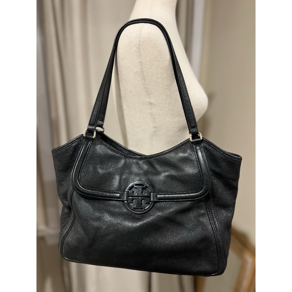 Tory Burch Handbags - Tory Burch Purse Black Pebble Leather Hand Bag‎ Tote Brass Hardware Authentic